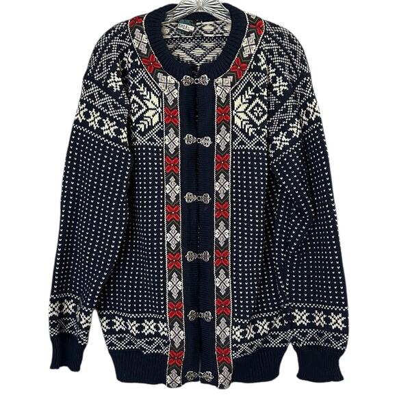 Dale of Norway 100% Wool Nordic Sweater Cardigan Men's XL/52 Navy Red Snowflake - Picture 1 of 6